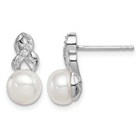 Sterling Silver Rhodium-plated 6-7mm White Button Freshwater Cultured Pearl and CZ Post Earrings view 1