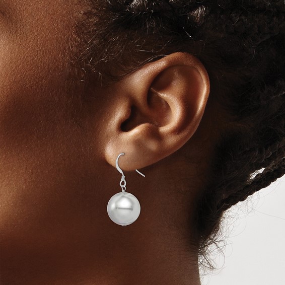 Sterling Silver Rhodium-plated 14-15mm Grey Round Shell Pearl Dangle Earrings