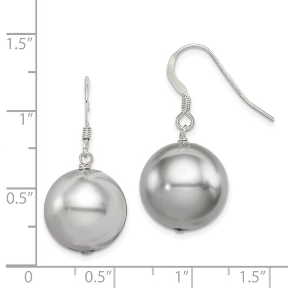 Sterling Silver Rhodium-plated 14-15mm Grey Round Shell Pearl Dangle Earrings