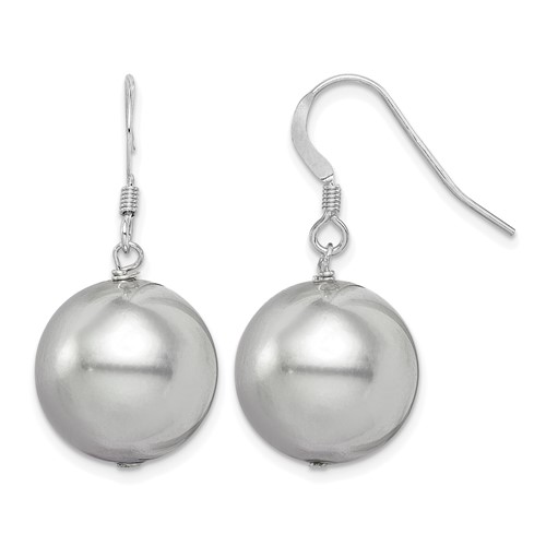 Sterling Silver Rhodium-plated 14-15mm Grey Round Shell Pearl Dangle Earrings