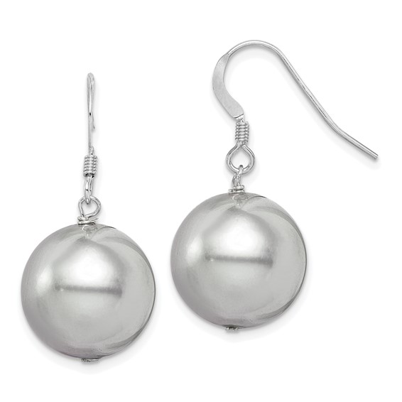 Sterling Silver Rhodium-plated 14-15mm Grey Round Shell Pearl Dangle Earrings