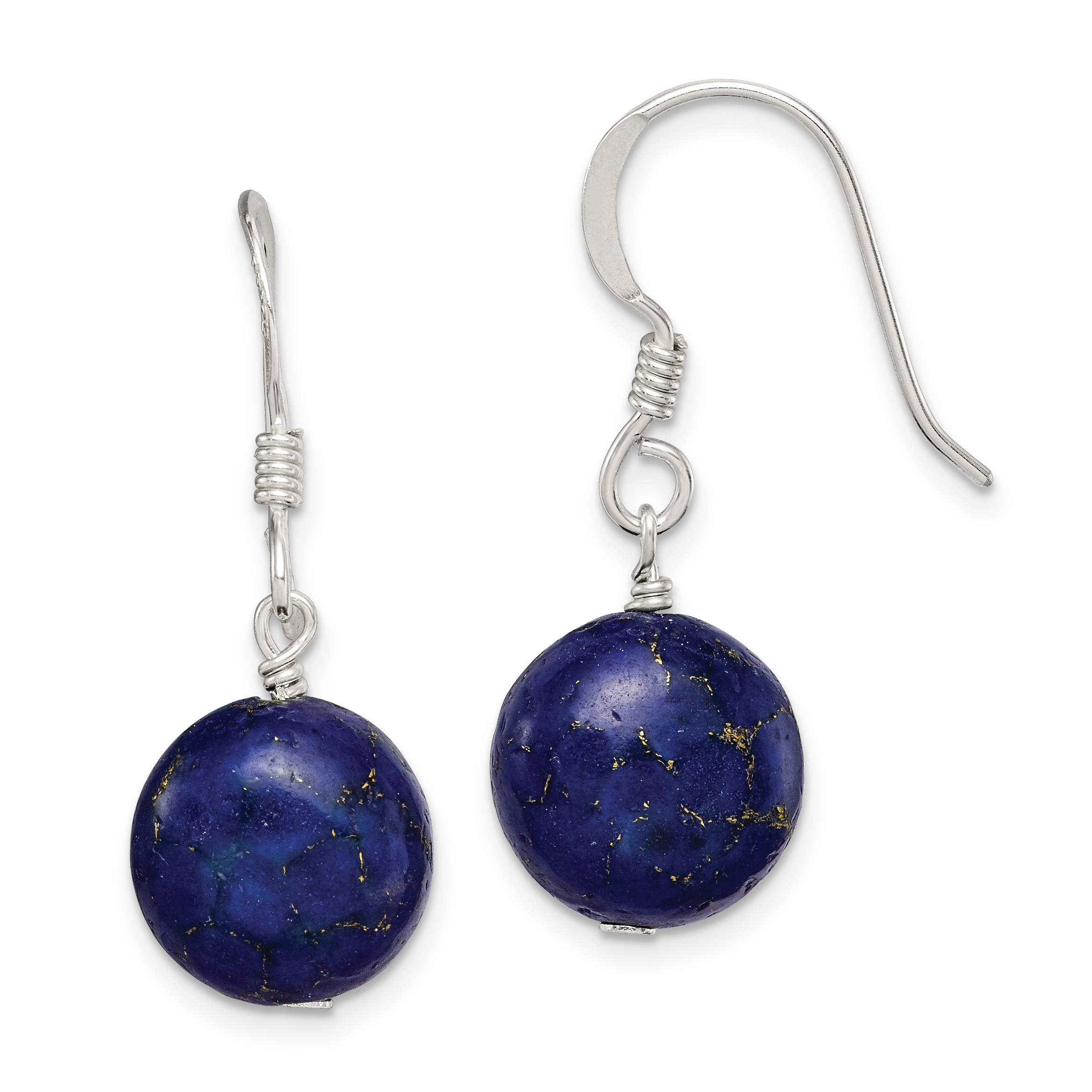 Sterling Silver Polished Round Reconstructed Lapis Dangle Earrings (QE12833)