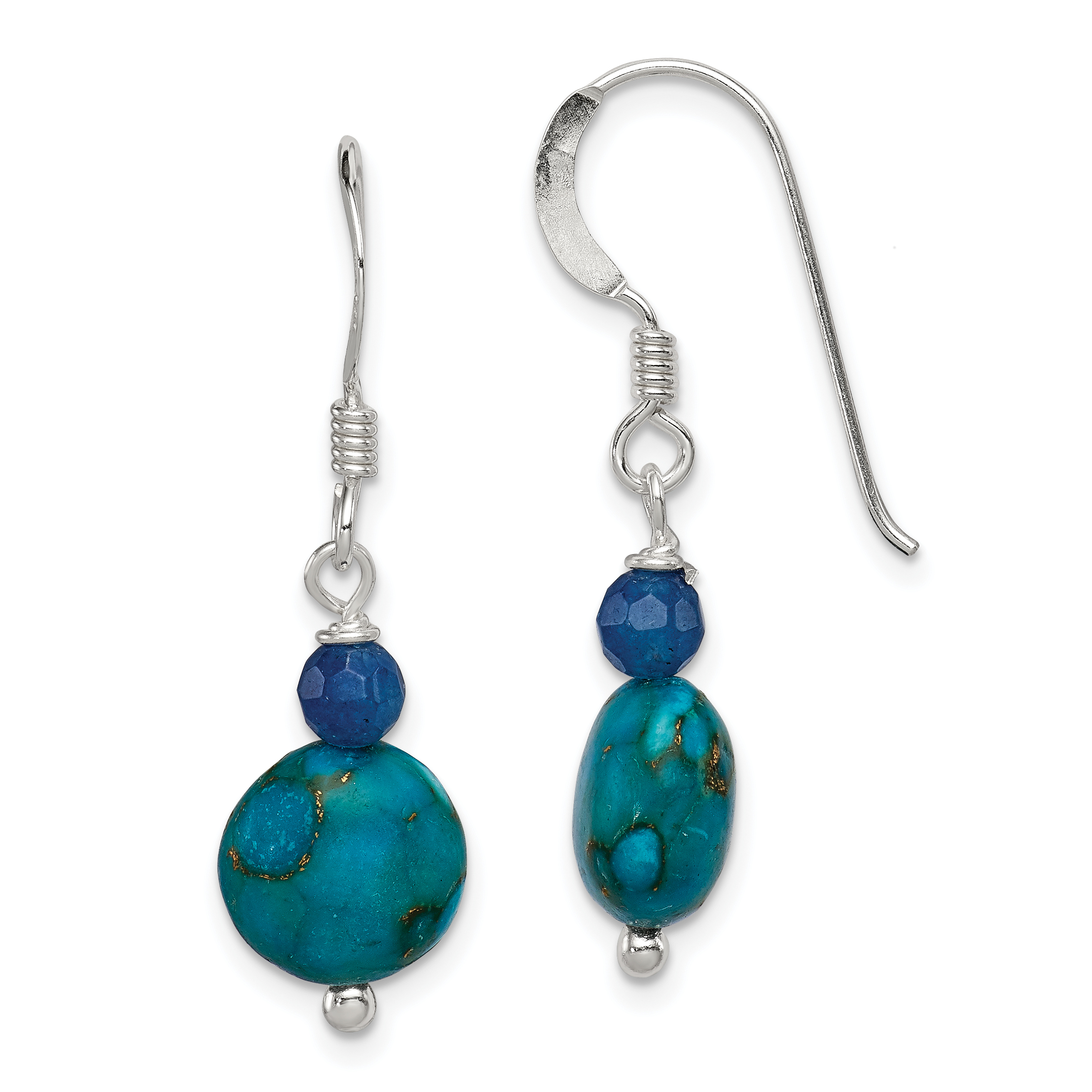 Sterling Silver Polished Blue Agate & Reconstructed Lapis Dangle Earrings (QE12834)