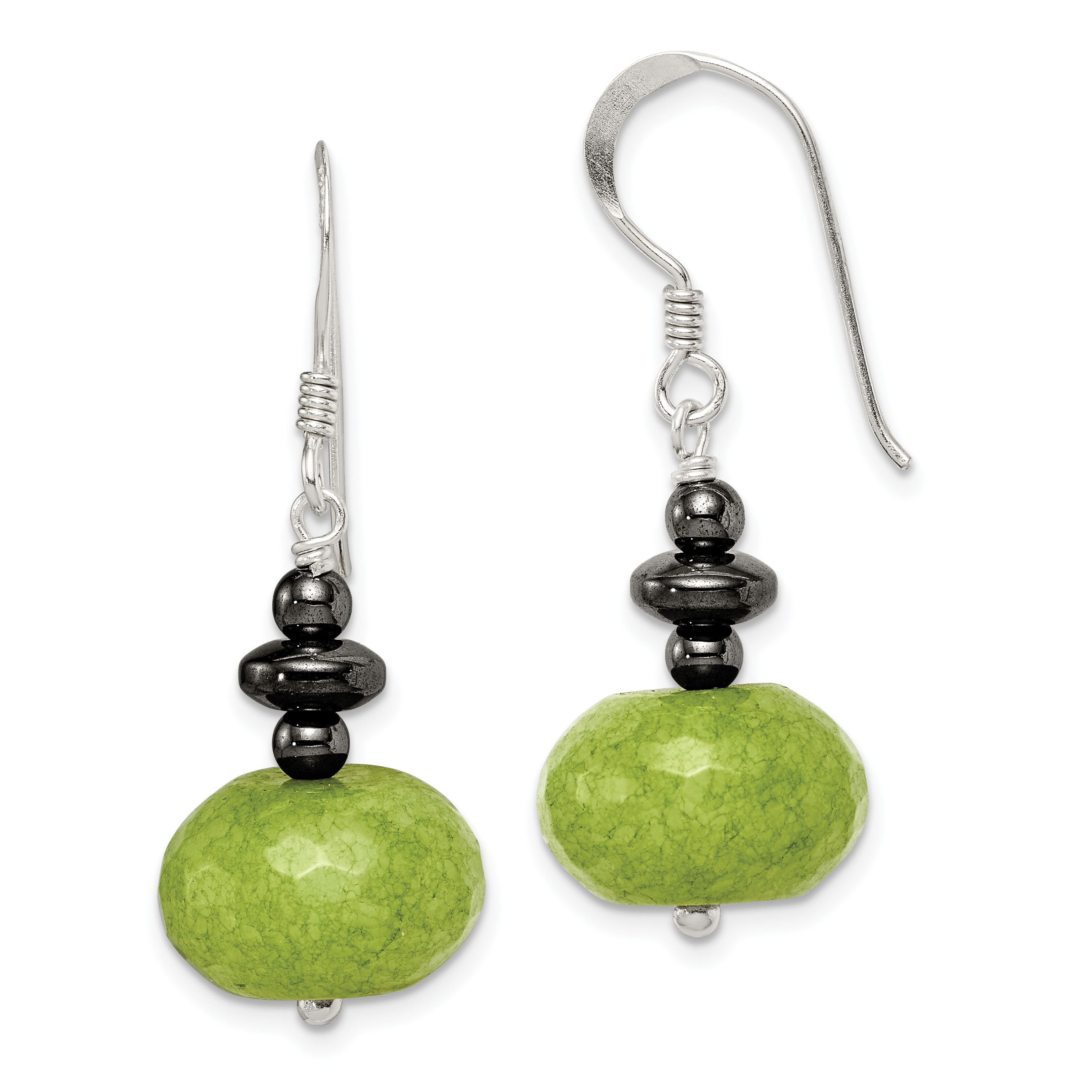 Sterling Silver Polished Green Jade & Hematite Dangle Earrings (QE12838)