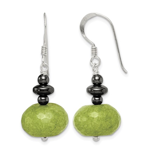 Sterling Silver Polished Green Jade & Hematite Dangle Earrings