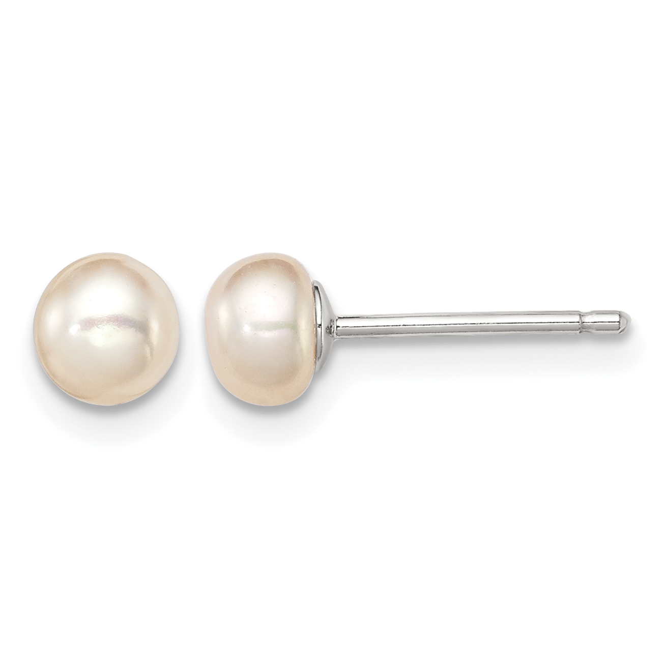 Sterling Silver Rhodium-plated 4-5mm Pink Button Freshwater Cultured Pearl Post Earrings (QE12846)
