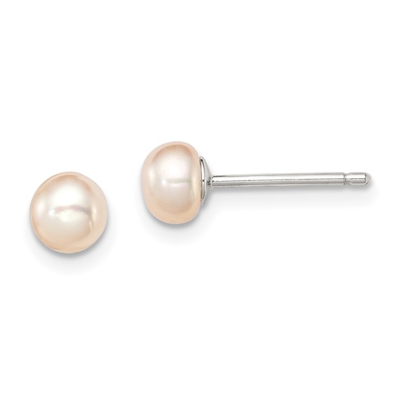 Sterling Silver Rhodium-plated 4-5mm Pink Button Freshwater Cultured Pearl Post Earrings