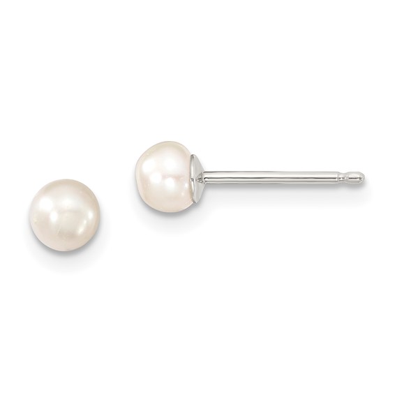 Sterling Silver Rhodium-plated 4-5mm White Button Freshwater Cultured Pearl Post Earrings