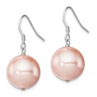 Sterling Silver Rhodium-plated 14-15mm Pink Round Shell Pearl Dangle Earrings view 2