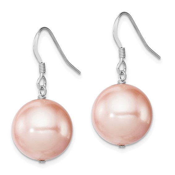 Sterling Silver Rhodium-plated 14-15mm Pink Round Shell Pearl Dangle Earrings