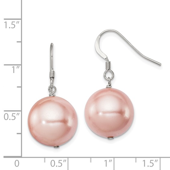 Sterling Silver Rhodium-plated 14-15mm Pink Round Shell Pearl Dangle Earrings