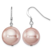 Sterling Silver Rhodium-plated 14-15mm Pink Round Shell Pearl Dangle Earrings view 1