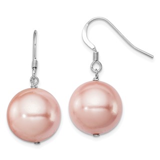 Sterling Silver Rhodium-plated 14-15mm Pink Round Shell Pearl Dangle Earrings