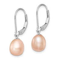 Sterling Silver Rhodium-plated 7-8mm Pink and White Rice Freshwater Cultured Pearl Leverback 2-piece Enhancer Set view 5