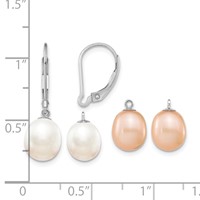 Sterling Silver Rhodium-plated 7-8mm Pink and White Rice Freshwater Cultured Pearl Leverback 2-piece Enhancer Set view 3