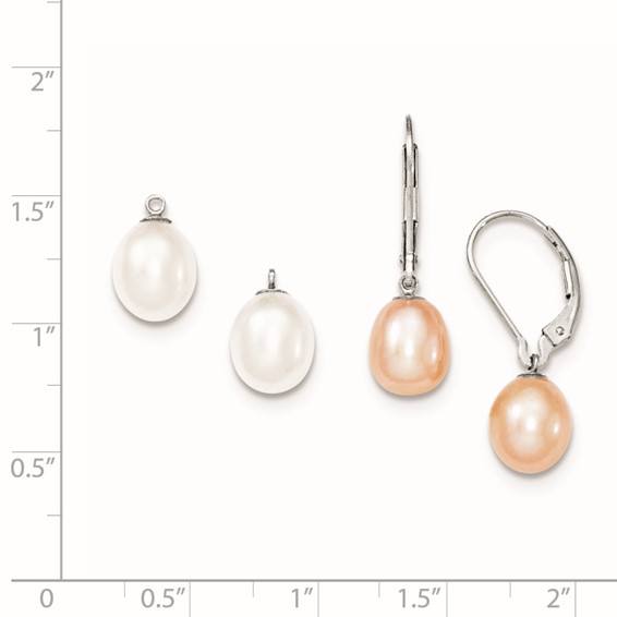 Sterling Silver Rhodium-plated 7-8mm Pink and White Rice Freshwater Cultured Pearl Leverback 2-piece Enhancer Set