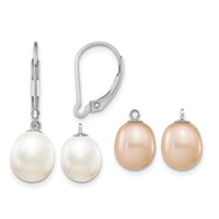 Sterling Silver Rhodium-plated 7-8mm Pink and White Rice Freshwater Cultured Pearl Leverback 2-piece Enhancer Set view 1