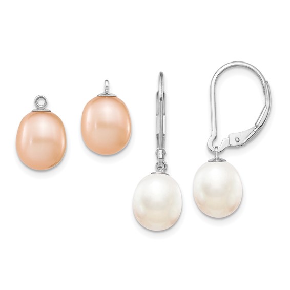 Sterling Silver Rhodium-plated 7-8mm Pink and White Rice Freshwater Cultured Pearl Leverback 2-piece Enhancer Set
