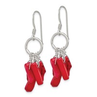 Sterling Silver Polished Red Coral and Circle Dangle French Hook Earrings view 2