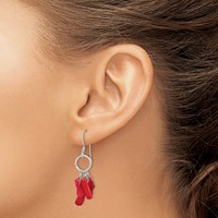 Sterling Silver Polished Red Coral and Circle Dangle French Hook Earrings view 3