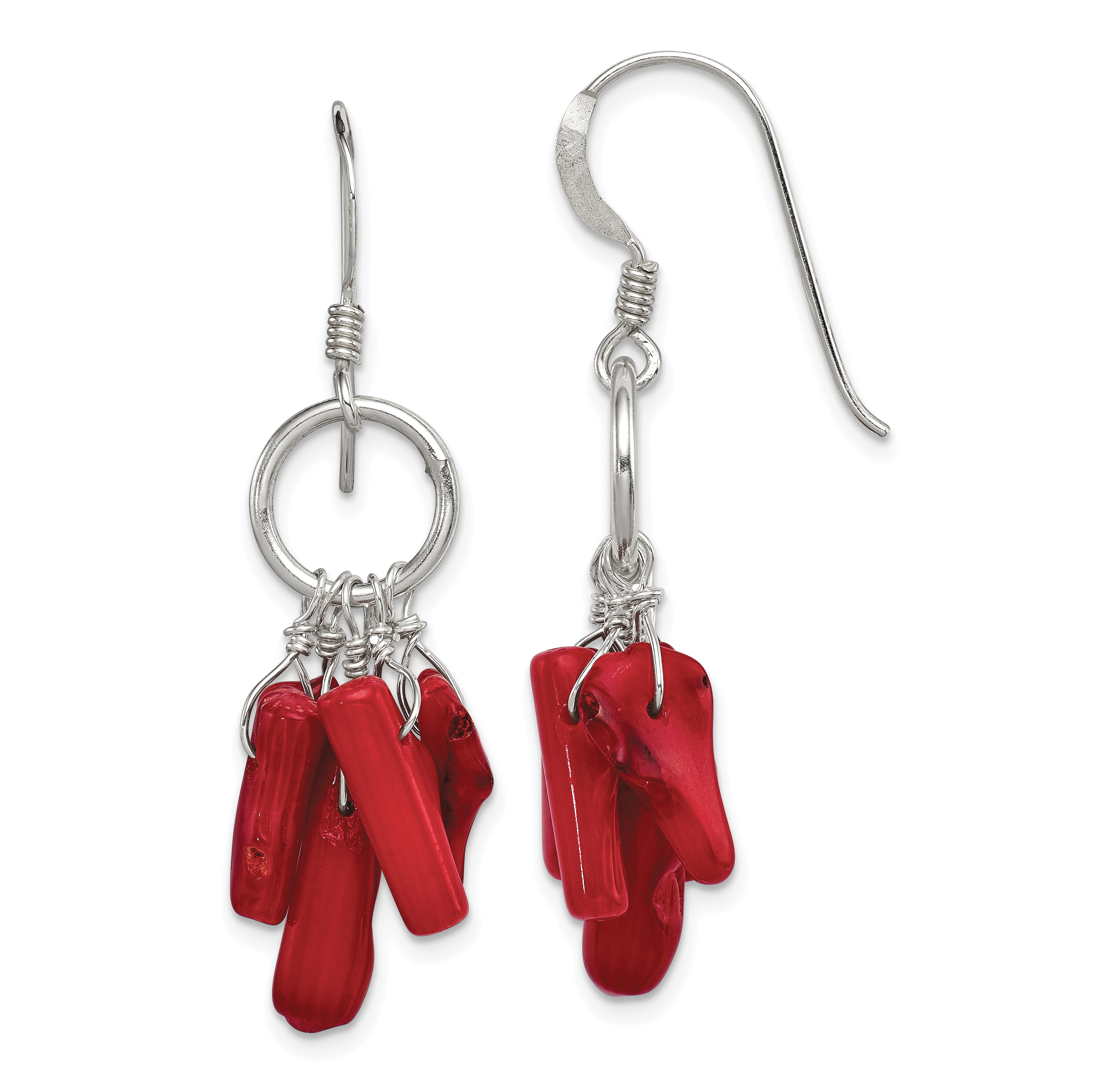 Sterling Silver Polished Red Coral & Circle Dangle Earrings (QE12864)