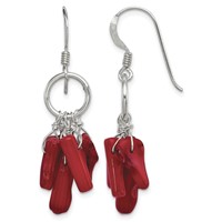 Sterling Silver Polished Red Coral and Circle Dangle French Hook Earrings view 1