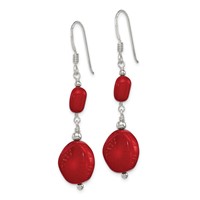 Sterling Silver Polished Round Red Coral Dangle French Hook Earrings view 2