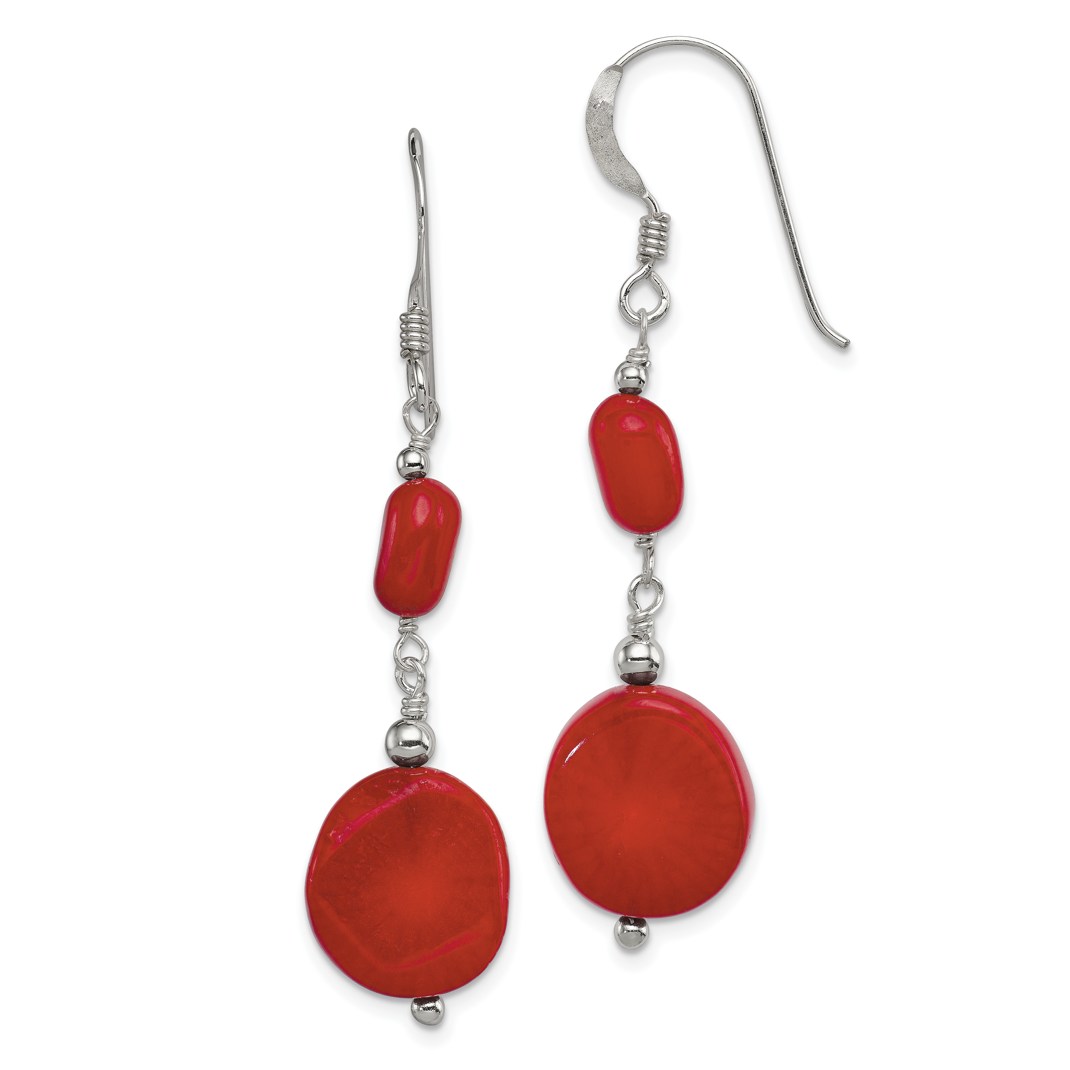 Sterling Silver Polished Round Red Coral Dangle Earrings (QE12867)