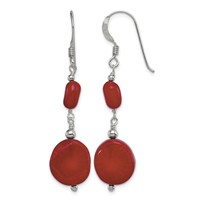 Sterling Silver Polished Round Red Coral Dangle French Hook Earrings view 1
