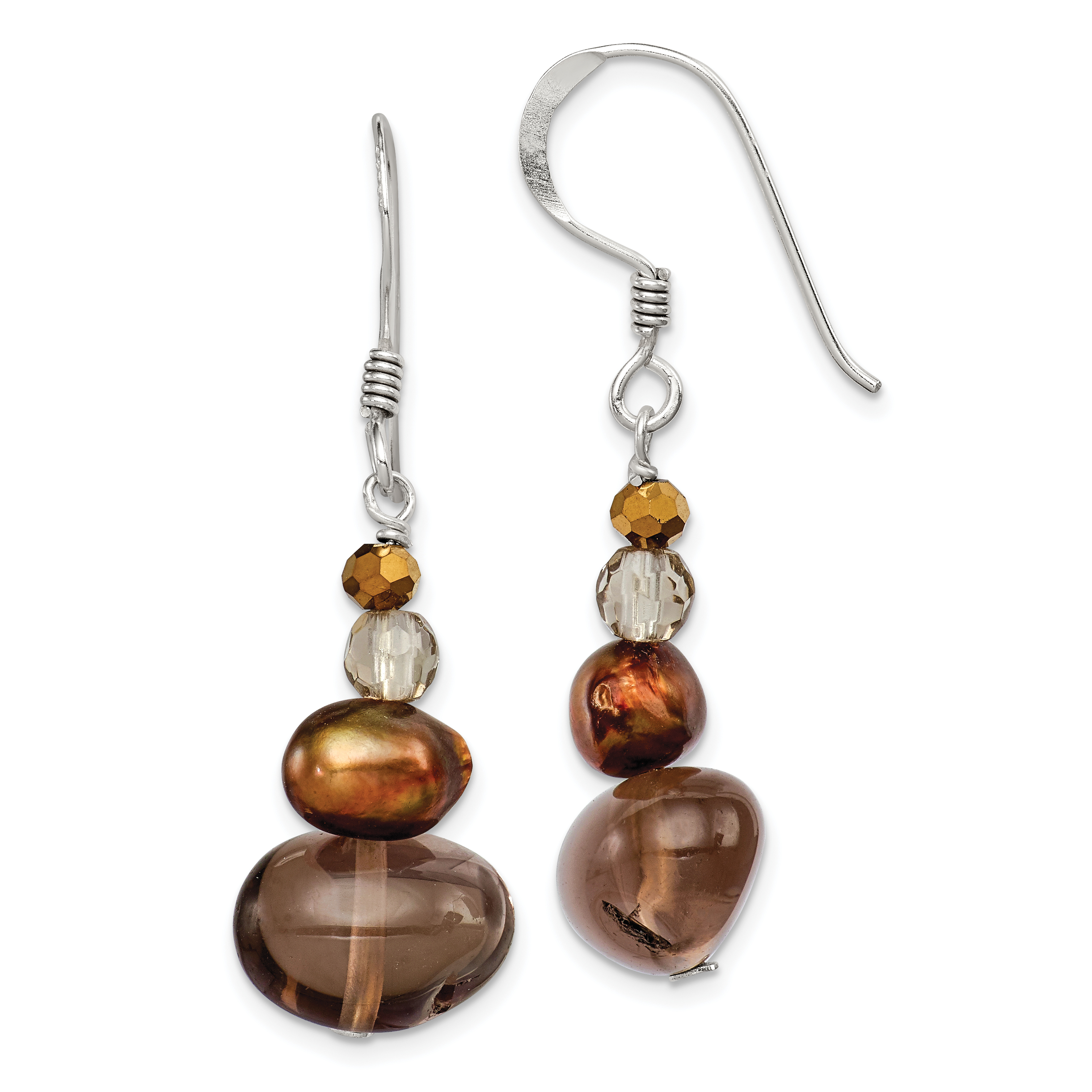 Sterling Silver Polished FWC Pearl, Crystal & Smoky Quartz Dangle Earrings (QE12869)