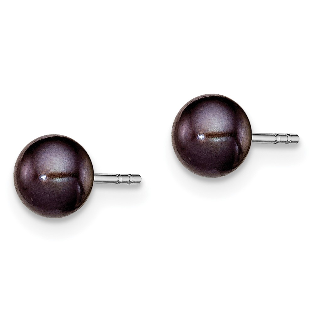 Sterling Silver Rhodium-plated 5-6mm Black Button Freshwater Cultured Pearl Post Earrings (QE12871)