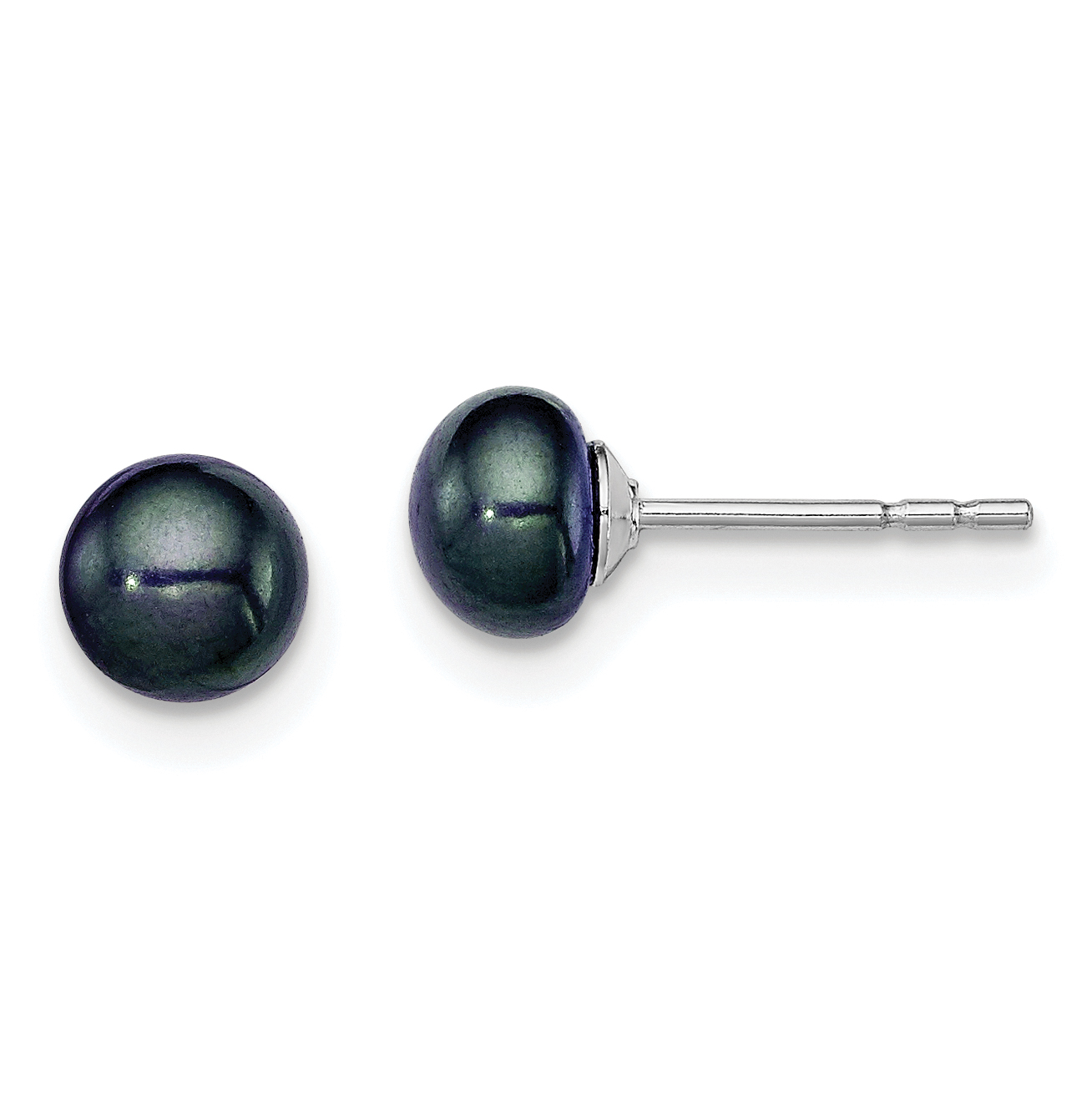 Sterling Silver Rhodium-plated 5-6mm Black Button Freshwater Cultured Pearl Post Earrings (QE12871)