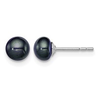 Sterling Silver Rhodium-plated 5-6mm Black Button Freshwater Cultured Pearl Post Earrings view 1