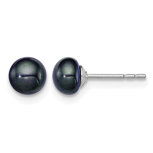 Sterling Silver Rhodium-plated 5-6mm Black Button Freshwater Cultured Pearl Post Earrings