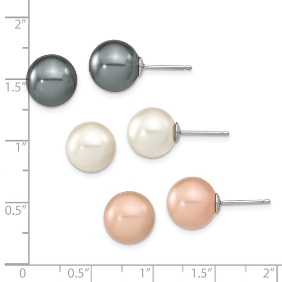 "Sterling Silver Rhodium-plated 10-11mm Black, White and Pink Round Imitation Shell Pearl Set of 3 Post Earrings"