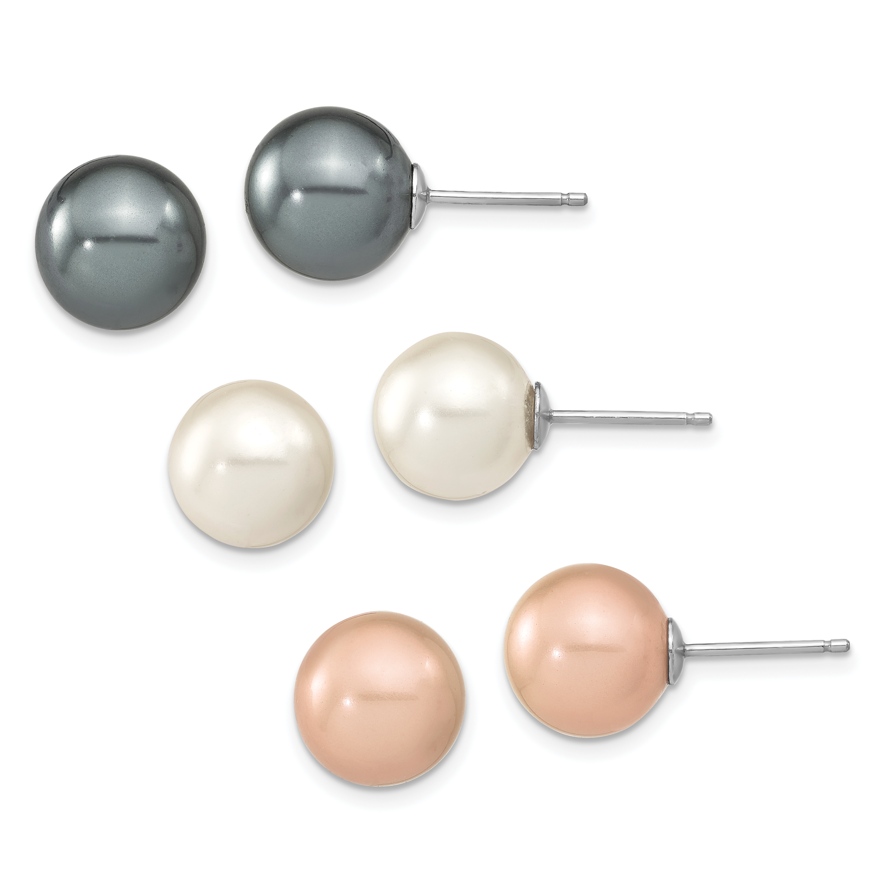 Sterling Silver Rhodium-plated 10-11mm Black, White and Pink Round Imitation Shell Pearl Set of 3 Post Earrings (QE12882SET)