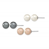 Sterling Silver Rhodium-plated 10-11mm Black, White and Pink Round Imitation Shell Pearl Set of 3 Post Earrings view 1