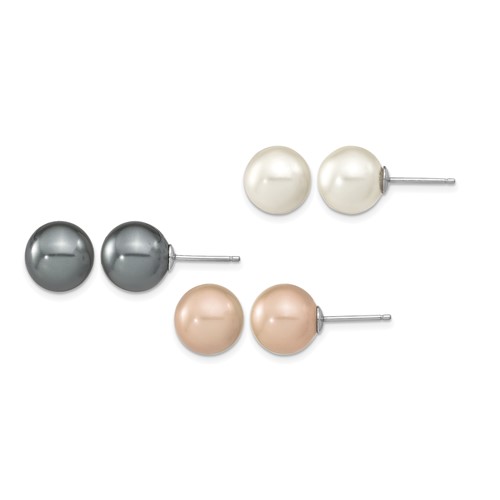 Sterling Silver Rhodium-plated 10-11mm Black, White and Pink Round Imitation Shell Pearl Set of 3 Post Earrings