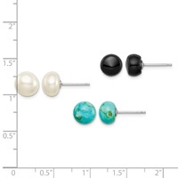 Sterling Silver RH-pltd 8-8.5mm Button Fwc Pearl Stab.Turq Blk Agate Set view 3