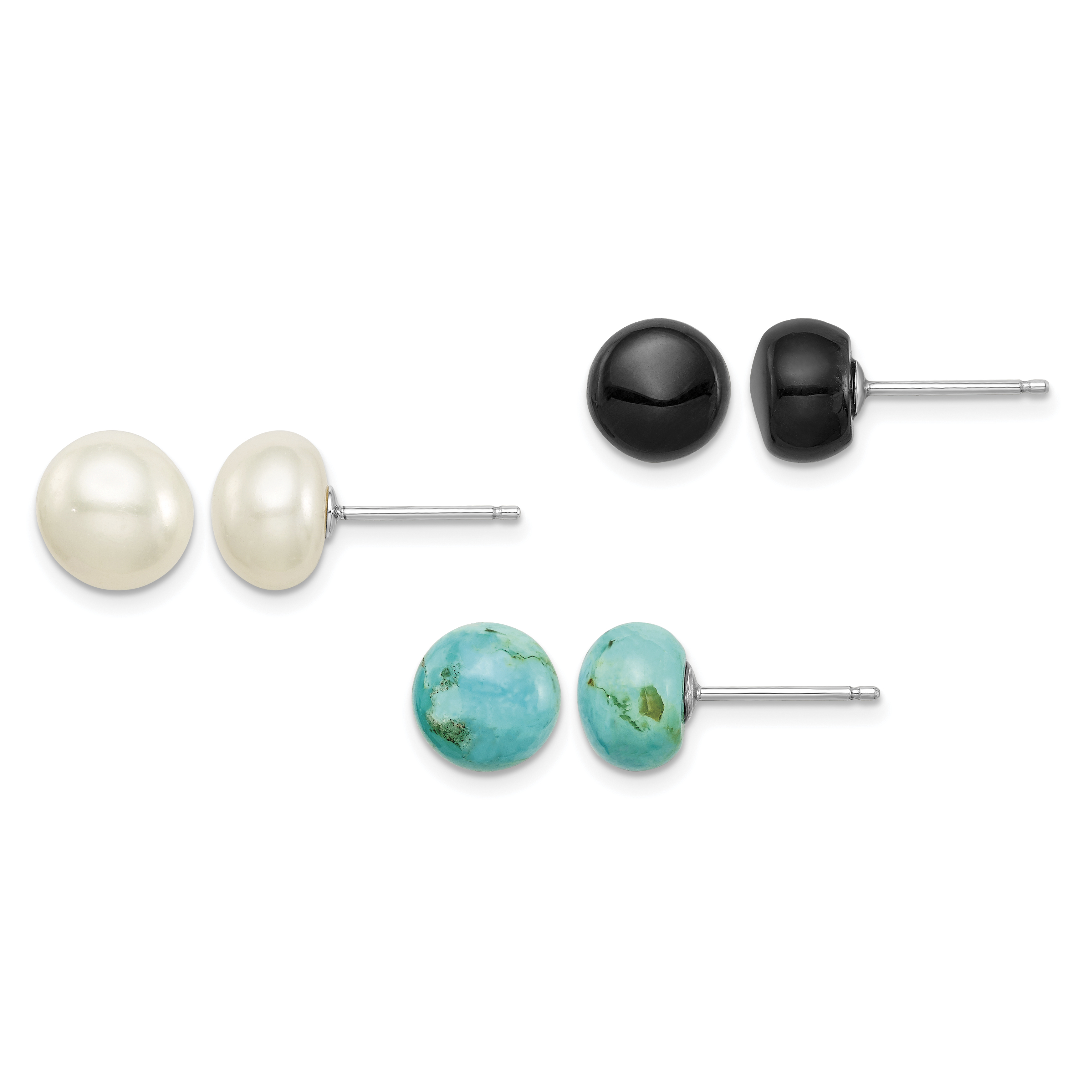 Sterling Silver RH-pltd 8-8.5mm Button FWC Pearl/Stab.Turq/Blk Agate Set (QE12883SET)