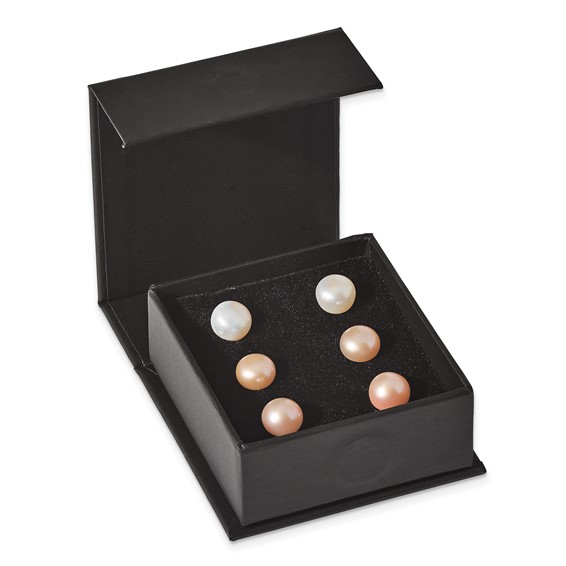 "Sterling Silver Rhodium-plated 8-9mm White, Pink and Purple Button Freshwater Cultured Pearl Set of 3 Post Earrings"