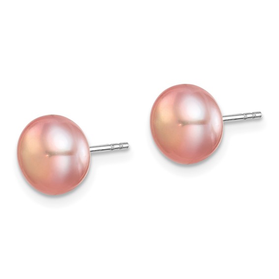 "Sterling Silver Rhodium-plated 8-9mm White, Pink and Purple Button Freshwater Cultured Pearl Set of 3 Post Earrings"