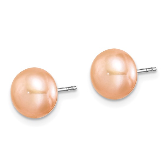 "Sterling Silver Rhodium-plated 8-9mm White, Pink and Purple Button Freshwater Cultured Pearl Set of 3 Post Earrings"