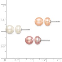 Sterling Silver Rhodium-plated 8-9mm White, Pink and Purple Button Freshwater Cultured Pearl Set of 3 Post Earrings view 3