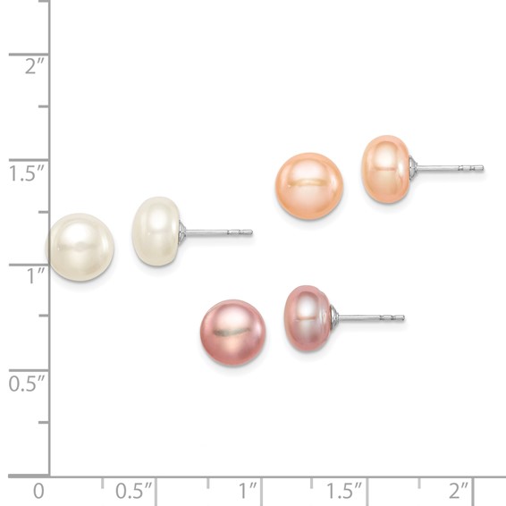 "Sterling Silver Rhodium-plated 8-9mm White, Pink and Purple Button Freshwater Cultured Pearl Set of 3 Post Earrings"