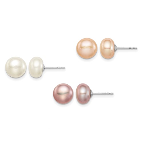 Sterling Silver Rhodium-plated 8-9mm White, Pink and Purple Button Freshwater Cultured Pearl Set of 3 Post Earrings