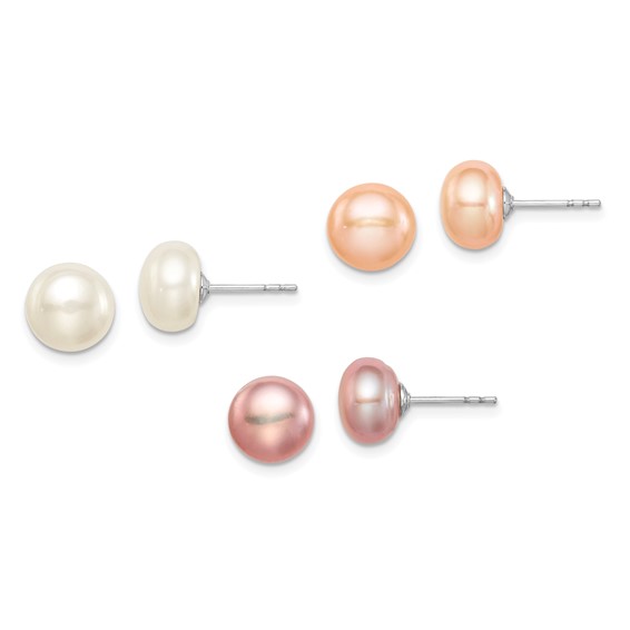 "Sterling Silver Rhodium-plated 8-9mm White, Pink and Purple Button Freshwater Cultured Pearl Set of 3 Post Earrings"