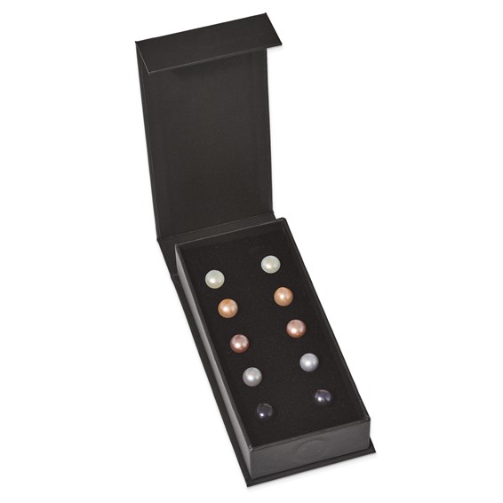 "Sterling Silver Rhodium-plated 8-9mm Pink, White, Purple, Grey and Black Button Freshwater Cultured Pearl Set of 5 Post Earrings"