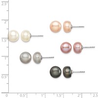 Sterling Silver Rhodium-plated 8-9mm Pink, White, Purple, Grey and Black Button Freshwater Cultured Pearl Set of 5 Post Earrings view 3