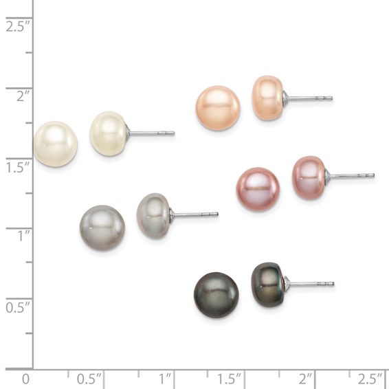 "Sterling Silver Rhodium-plated 8-9mm Pink, White, Purple, Grey and Black Button Freshwater Cultured Pearl Set of 5 Post Earrings"